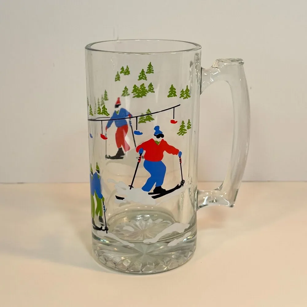 Vintage Ashby Ski Beer Mug Glass Skiers Chairlift Winter Barware